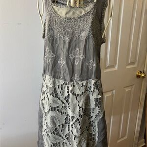 Johnny Was Sz M Gray Embroidered Tank Top Dress Ruffle Sleeveless Whimsical #972